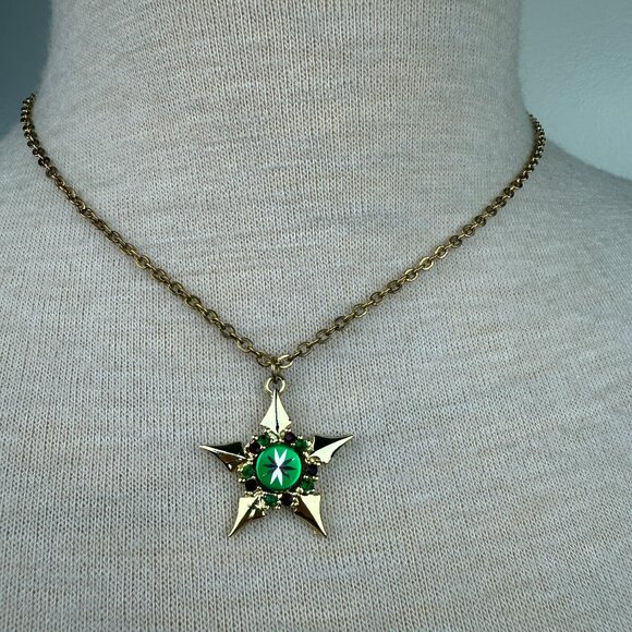 VTG Christmas Star Necklace 18"Pendant Red Green Rhinestones Our Lady Of Lourdes - Picture 1 of 4